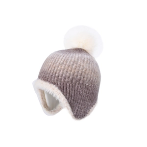 Winter gradient knit beanie with oversized white pompom and plush ear flaps for women
