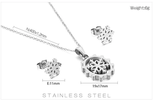 Detailed specs of stainless steel snowflake jewelry set with necklace and stud earrings