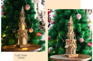 Dual view of lighted wooden Christmas cabin ornament with warm LED glow and carved details