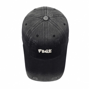 Vintage washed black cotton baseball cap with white FBQE embroidery and distressed details