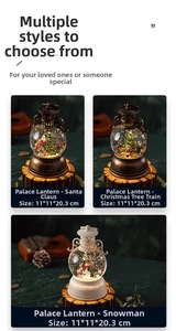 Close-up of vintage Christmas lantern music boxes with Santa and snowman details