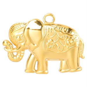 Detailed view of a golden elephant pendant with intricate engraved patterns and shiny metal finish