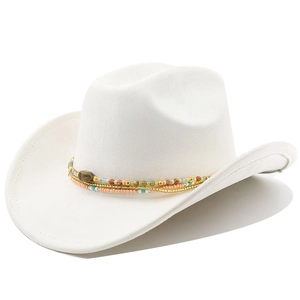 Detail of white suede cowboy hat featuring colorful bead woven bands and stone accents