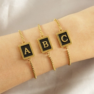 Stainless Steel Initial Bracelet 18K Gold Plated Black Enamel Rectangular Letter Pendant Adjustable Box Chain Simple Jewelry