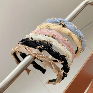 Set of 6 woven pearl chain headbands in blue, gold, pink, white, and black colors
