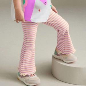 Girls Cotton Ribbed Knit Flared Leggings Colorful Horizontal Striped Ruffle Trim Elastic Waist Pants For Toddler Kids