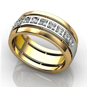 Bague bicolore or et argent avec neuf diamants dans un style de bande large minimaliste