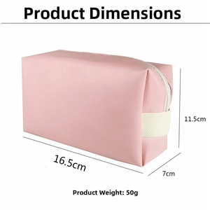 Detailed dimension guide for PU makeup bag showing height 11.5cm, length 16.5cm, width 7cm