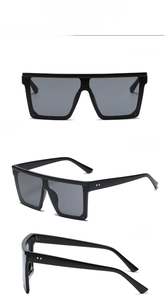 Viste multiple di occhiali da sole neri oversize con design a lente singola integrata