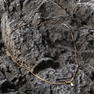 Detail shot of a gold snake chain necklace resting on a textured dark gray stone
