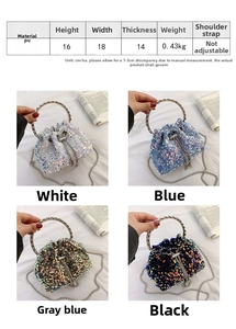 Sequin bucket bag dimensions 16x18x14cm showing white, blue, and black variants