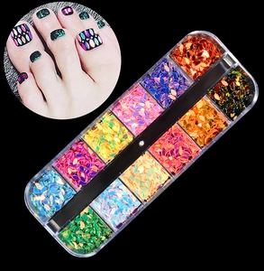 Detailed view of 12-color nail art glitter sequins in leaf shapes for manicure design