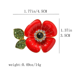Detail showing dimensions of red poppy flower brooch with crystals and enamel finish