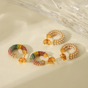Chic C-shaped gold stainless steel earrings with white pearls and multicolor rhinestones