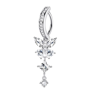 Silver butterfly belly button ring with sparkling zircon stones on a white background