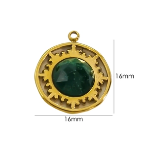 16mm French vintage 14K gold plated pendant with dark green gemstone for jewelry DIY