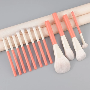 13-piece coral pink makeup brush set with soft gradient bristles and matte finish handles