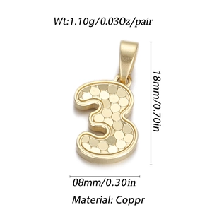 Detailed technical drawing of golden number 3 pendant with copper material and size specs