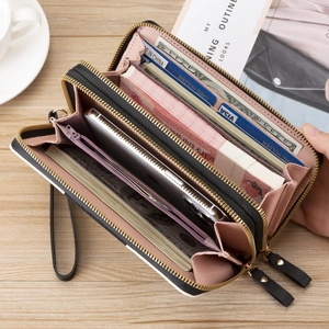 Black double zipper long wallet for women featuring large capacity and phone pocket