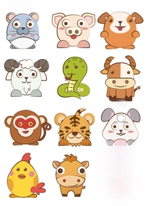 Detailed grid view of 12 cartoon Chinese zodiac stickers for DIY bracelet making