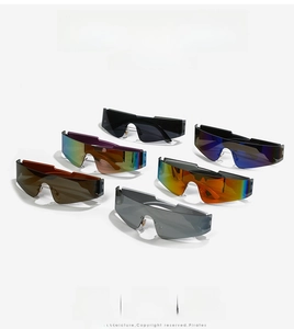 Group shot of rimless wraparound sports sunglasses in diverse colors and Y2K futuristic style
