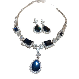 Exquisite silver necklace and earring set with deep blue teardrop zircon stones