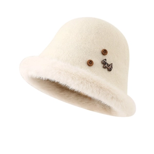 Cappello a secchiello in lana invernale con bordo in peluche e decorazione a cucciolo