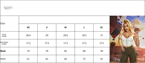 Detailed size chart for white floral crop top featuring XS to XL measurements and fit guide