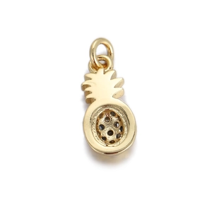 Detailed close-up of a 14k gold-plated pineapple pendant with dark textured detailing