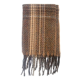 Detail of checkered brown wool blend scarf featuring elegant fringe and gradient twill pattern