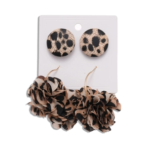 Retro leopard print fabric flower drop earrings with geometric studs for women