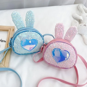 Sequin Kids Crossbody Bag PU Leather Sparkly Iridescent Rabbit Ear Heart Pattern Cute Fashion Princess Shoulder Bag Girls