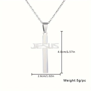 Collier croix en acier inoxydable argenté avec gravure JESUS sur fond blanc pur