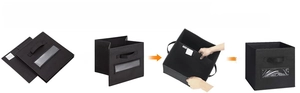 Foldable fabric storage cube showing four-step assembly process and space-saving design
