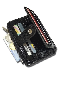 Detailed view of crocodile pattern faux leather wallet with card slots and coin zipper pocket