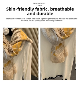 Detail of skin-friendly cotton and linen shawl with vintage floral print in ginger and beige