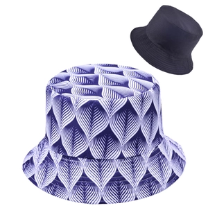 Detail of leaf pattern print bucket hat in purple and solid navy blue canvas fabric