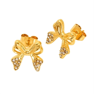 Elegant gold plated titanium steel bow stud earrings with sparkling crystals