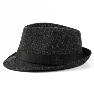 Close-up of vintage black textured jazz hat for men featuring a silk ribbon band