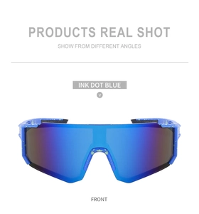 Front detail of Ink Dot Blue cycling sunglasses with wide gradient lens and speckled frame