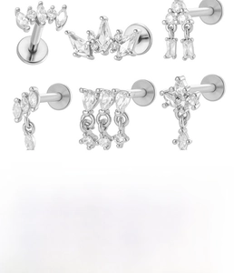 Detailed view of titanium labret studs with rhodium plated copper and cubic zirconia shapes