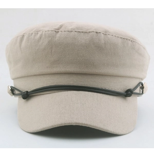 Retro beige newsboy cap with textured linen fabric and black cord with gold buttons