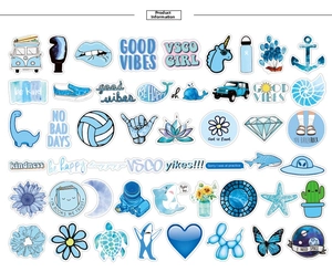 Detailed blue VSCO sticker set featuring aesthetic typography and diverse graphic icons