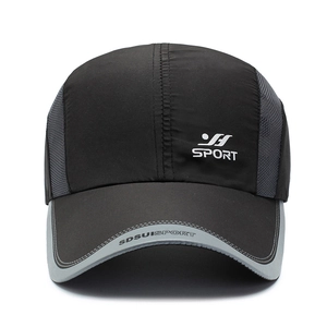 Men's outdoor breathable mesh baseball cap with quick-dry sport fabric in black and grey
