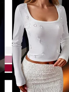 T-Shirt Femme Manches Longues En Maille Côtelée Décoration Goutte D'eau En Strass Col En U Coupe Slim Top Court Y2K