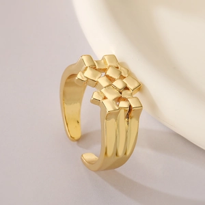 Elegant gold geometric open ring with layered woven design and high-polished finish