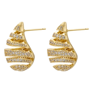 Elegant gold spiral stud earrings featuring white crystal pavé and leaf-shaped design
