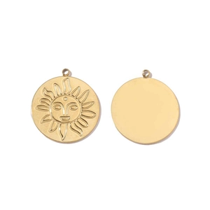 Detailed view of both sides of a gold-plated stainless steel sun face pendant charms