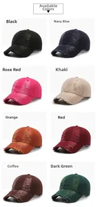 Multiple colors of distressed washed cotton baseball caps with vintage ripped detailing
