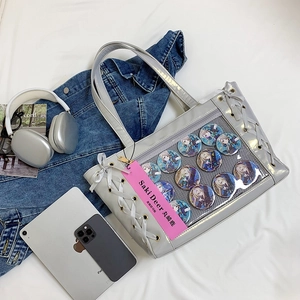 Silverita anime ita bag featuring large clear window and decorative grey ribbon laces